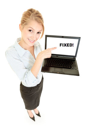 Woman holding a laptop with a screen that shows the word "FIXED!"